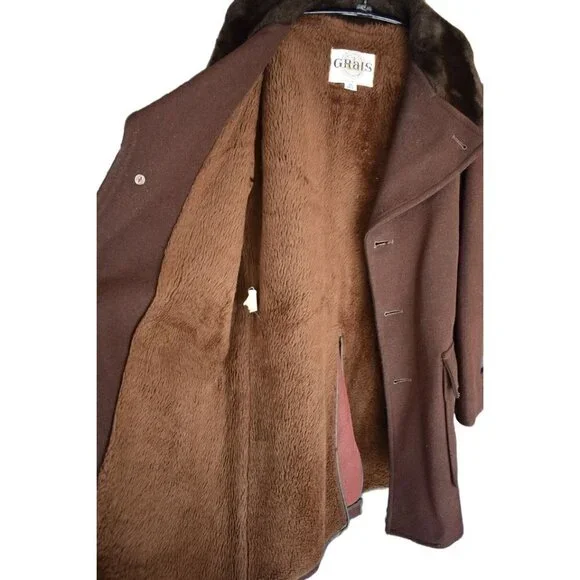 Vintage Men's 80's Grais Brown Wool Blend Trench Coat Faux Fur Collar & Lining 4 - Picture 3 of 6